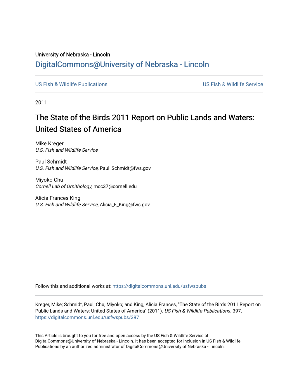 The State of the Birds 2011 Report on Public Lands and Waters: United States of America