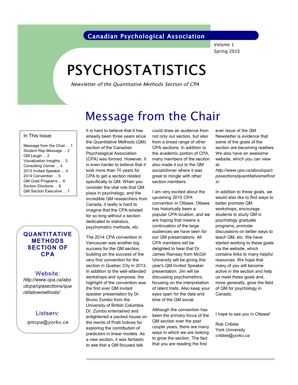 2015 PSYCHOSTATISTICS Newsletter of the Quantitative Methods Section of CPA