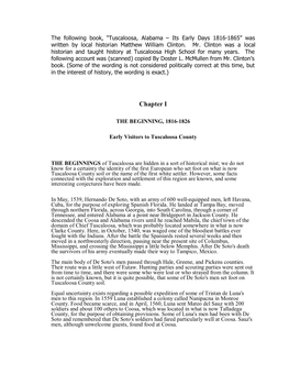 Tuscaloosa, Alabama – Its Early Days 1816-1865” Was Written by Local Historian Matthew William Clinton