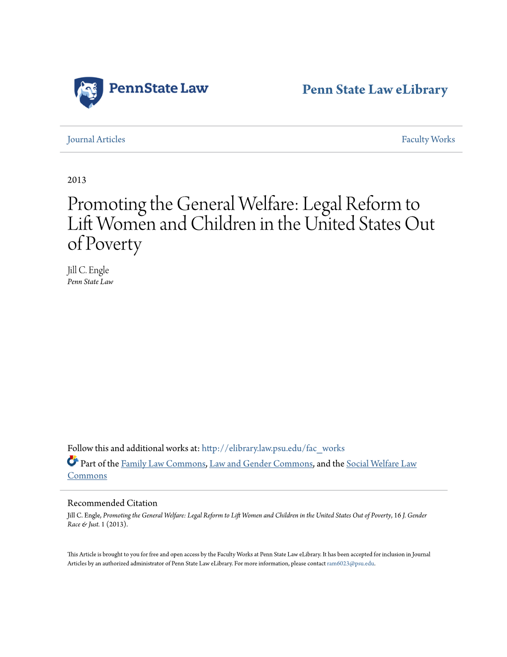 Promoting the General Welfare: Legal Reform to Lift Women and Children in the United States out of Poverty