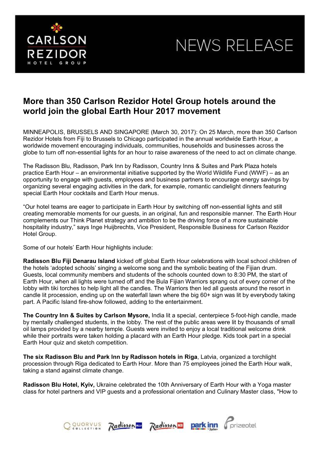 Than 350 Carlson Rezidor Hotel Group Hotels Around the World Join the Global Earth Hour 2017 Movement