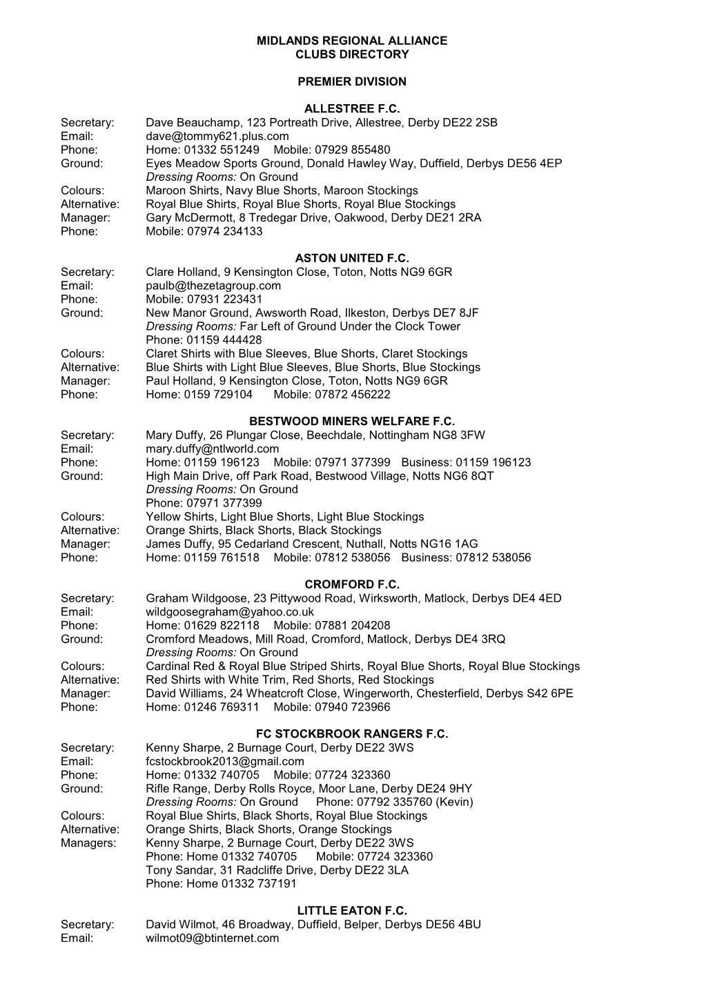 Midlands Regional Alliance Clubs Directory