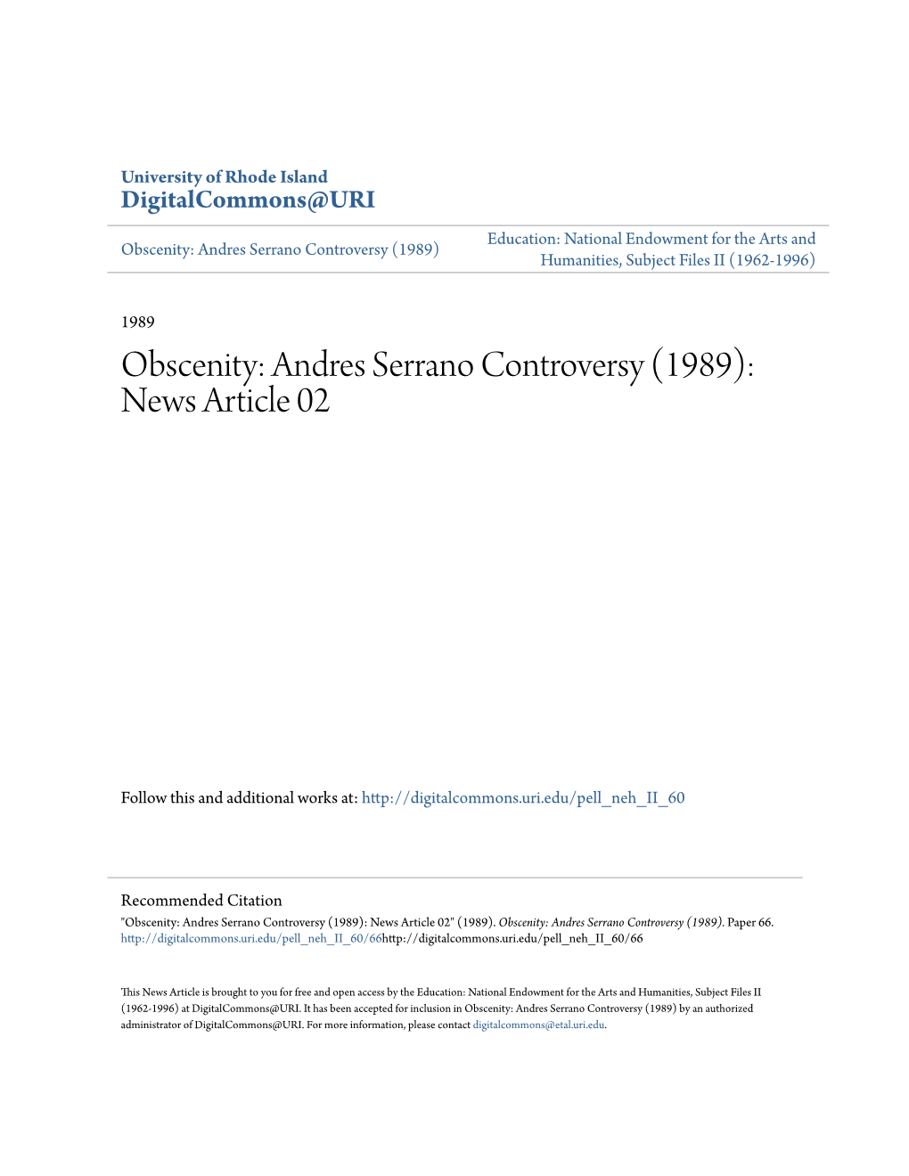 Obscenity: Andres Serrano Controversy (1989): News Article 02