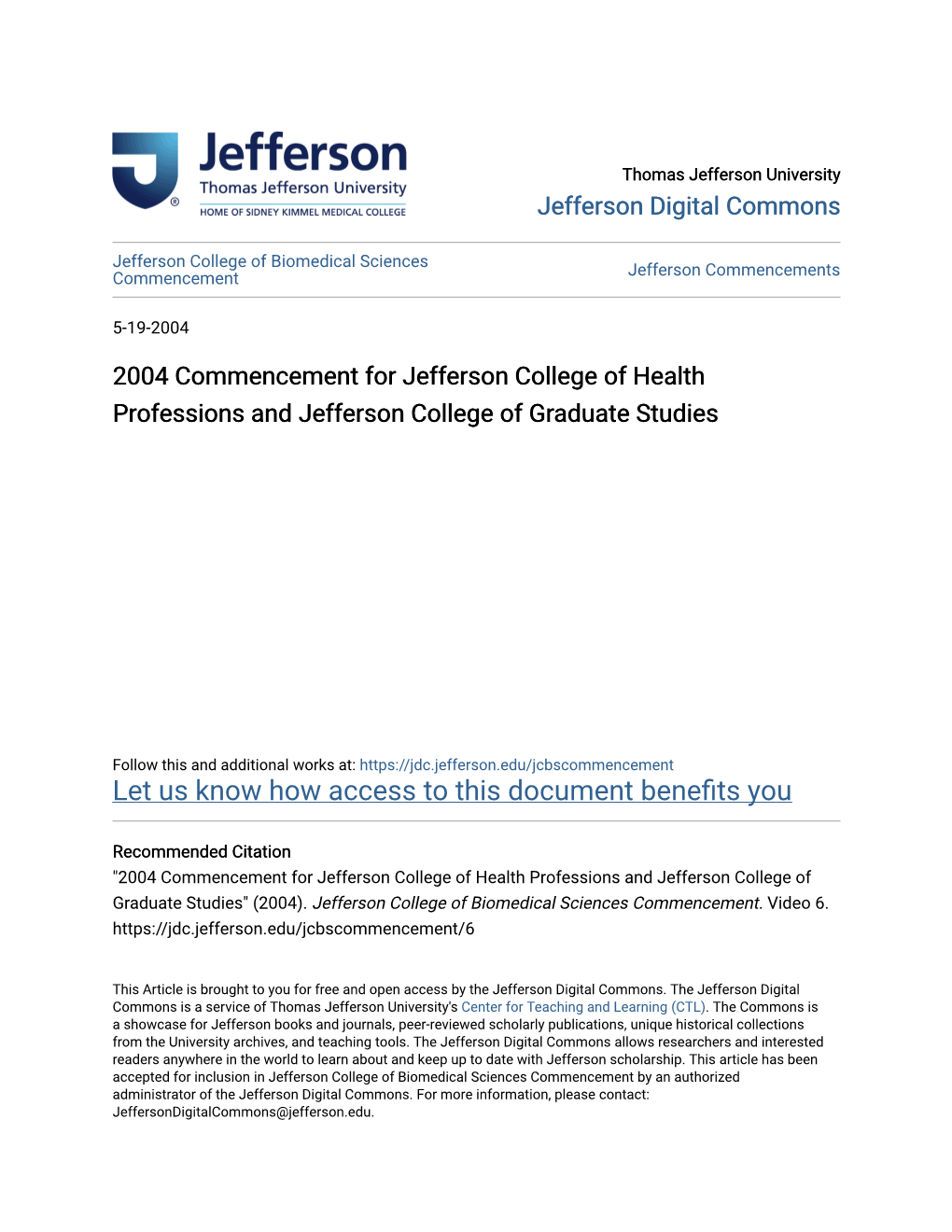 2004 Commencement for Jefferson College of Health Professions and Jefferson College of Graduate Studies