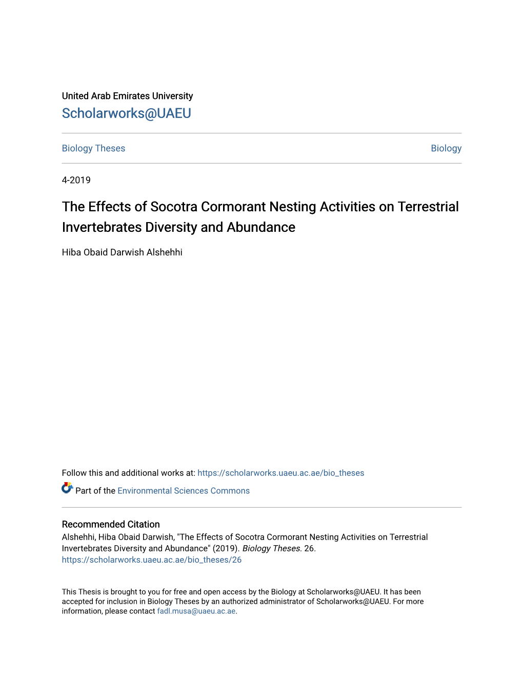 The Effects of Socotra Cormorant Nesting Activities on Terrestrial Invertebrates Diversity and Abundance