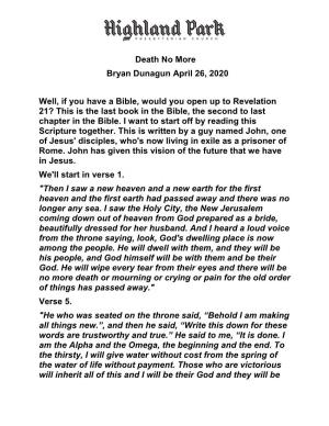 Death No More Bryan Dunagun April 26, 2020 Well, If