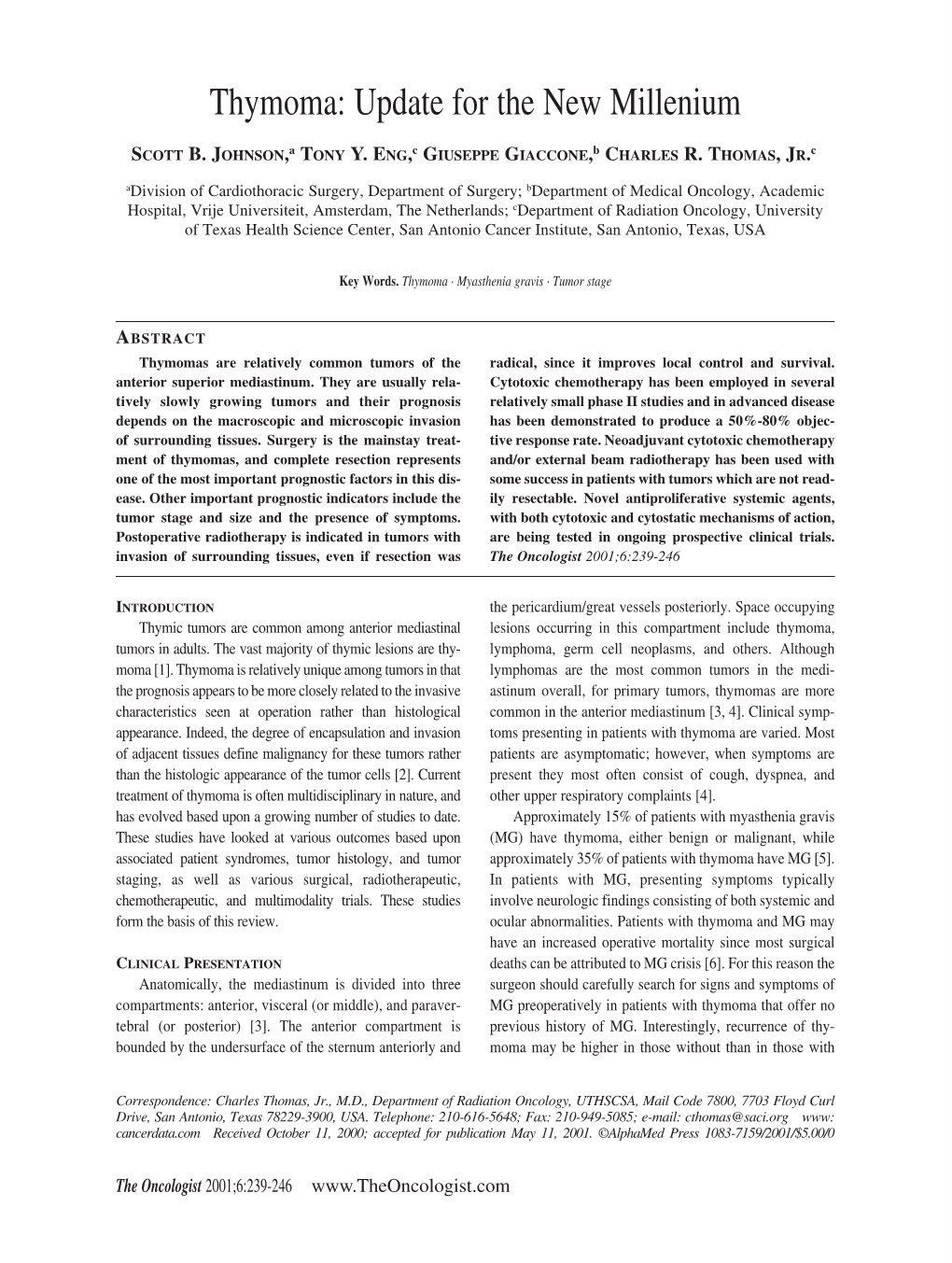 Thymoma: Update for the New Millenium