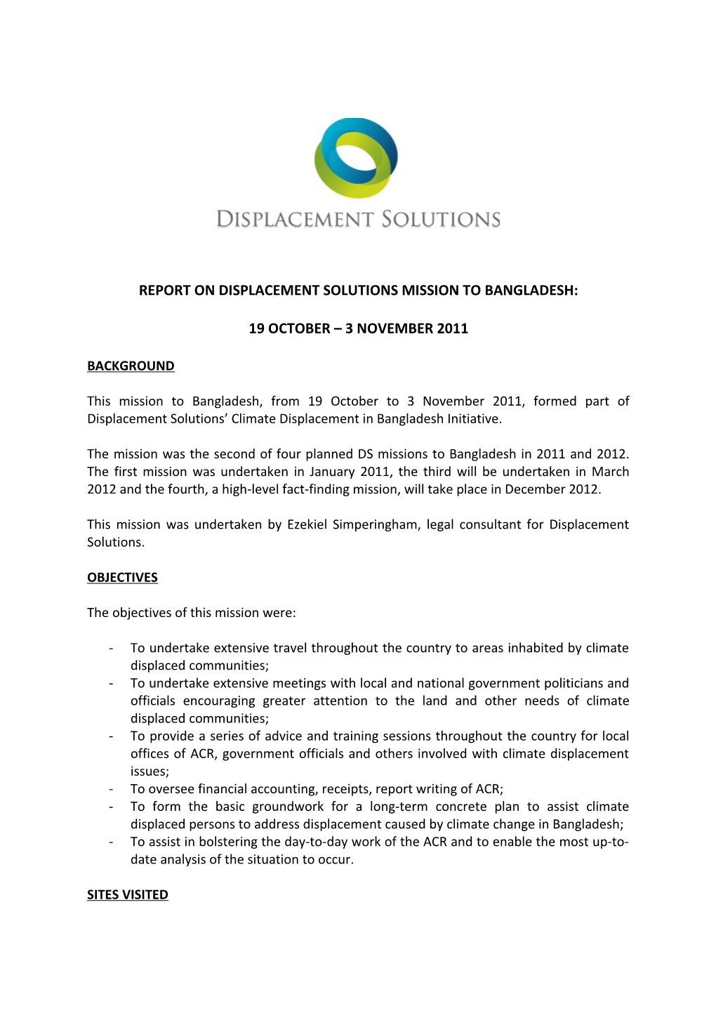 Report on Displacement Solutions Mission to Bangladesh