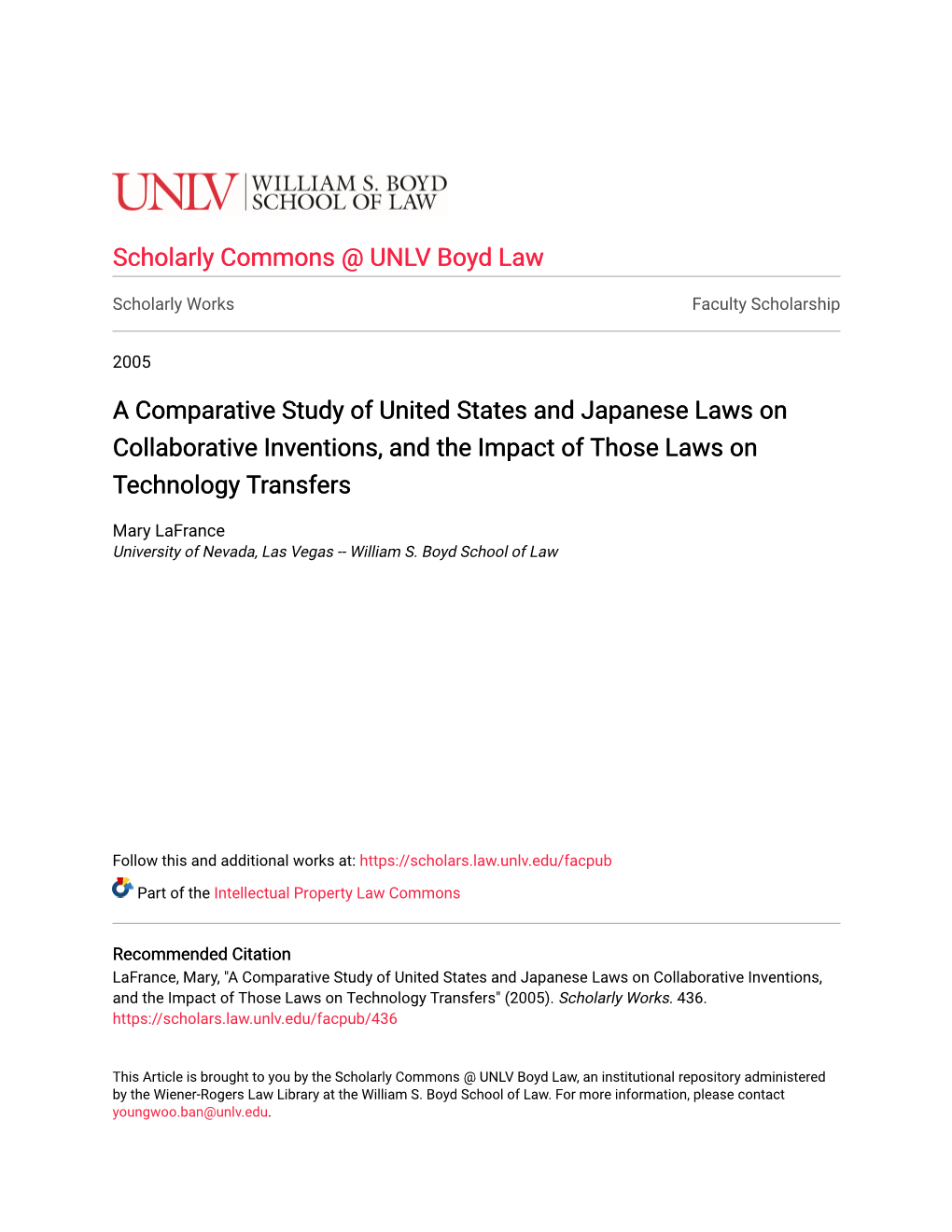 A Comparative Study of United States and Japanese Laws on Collaborative Inventions, and the Impact of Those Laws on Technology Transfers