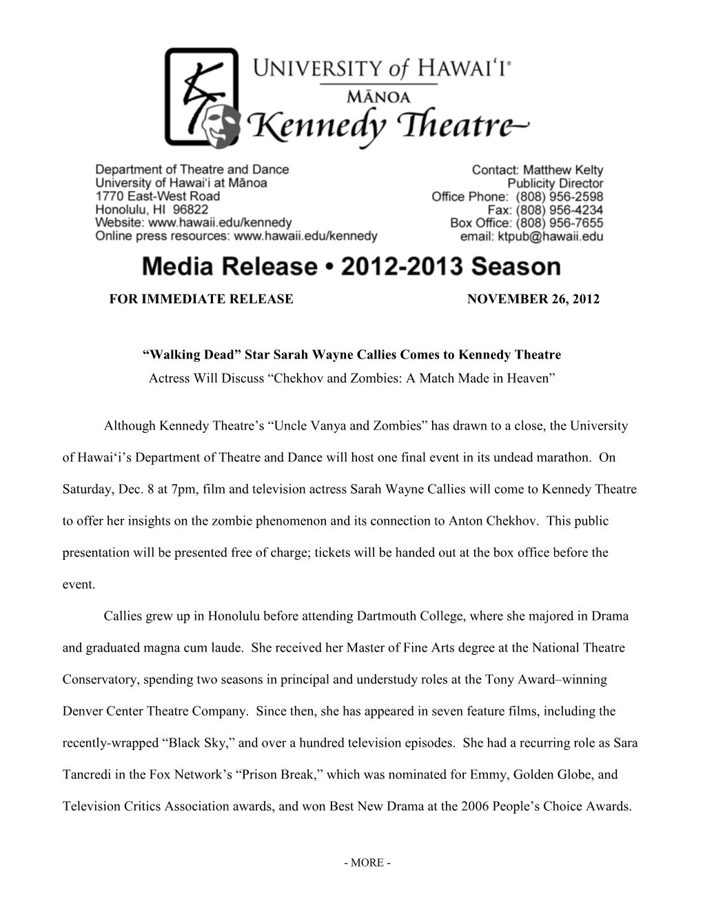 Kennedy Theatre Actress Will Discuss “Chekhov and Zombies: a Match Made in Heaven”