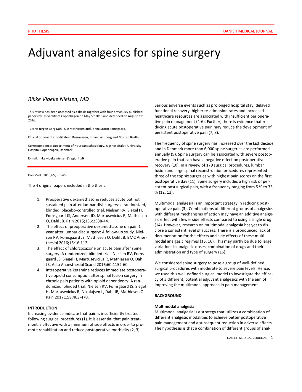 Adjuvant Analgesics for Spine Surgery