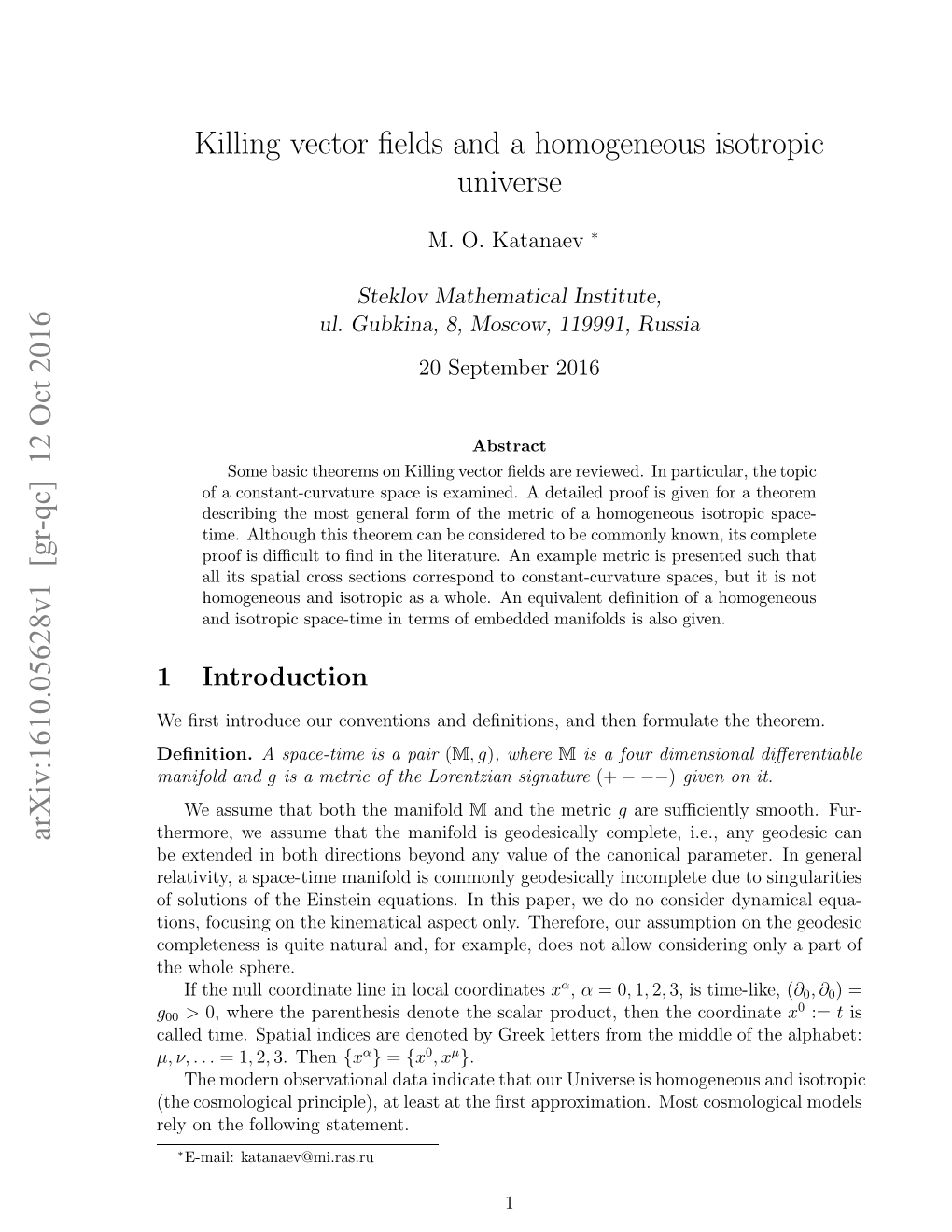 Killing Vector Fields and a Homogeneous Isotropic Universe