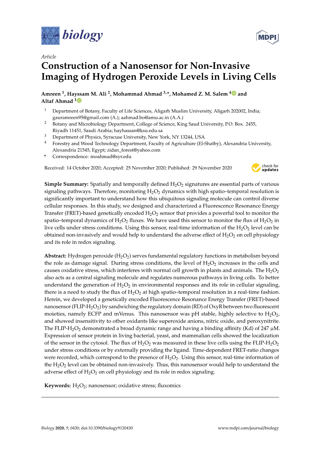 Construction of a Nanosensor for Non-Invasive Imaging of Hydrogen Peroxide Levels in Living Cells