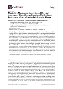 Meditative Movement, Energetic, and Physical Analyses of Three Qigong Exercises: Uniﬁcation of Eastern and Western Mechanistic Exercise Theory