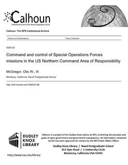 Command and Control of Special Operations Forces Missions in the US Northern Command Area of Responsibility