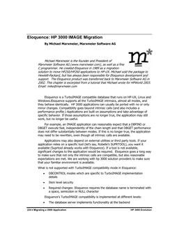 Eloquence: HP 3000 IMAGE Migration by Michael Marxmeier, Marxmeier Software AG