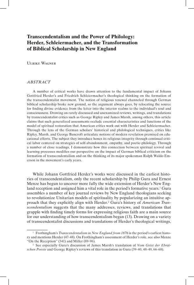 Transcendentalism and the Power of Philology: Herder, Schleiermacher, and the Transformation of Biblical Scholarship in New England