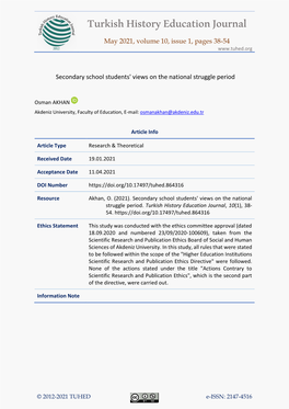 Turkish History Education Journal May 2021, Volume 10, Issue 1, Pages 38-54