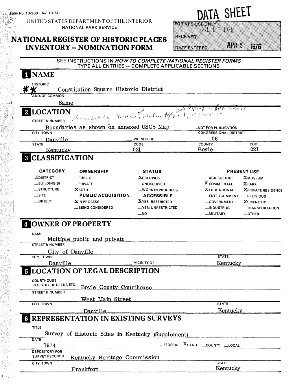 Data Sheet United States Department of the Interior ^ * National Park Service Inational Register of Historic Places Inventory « Nomination Form