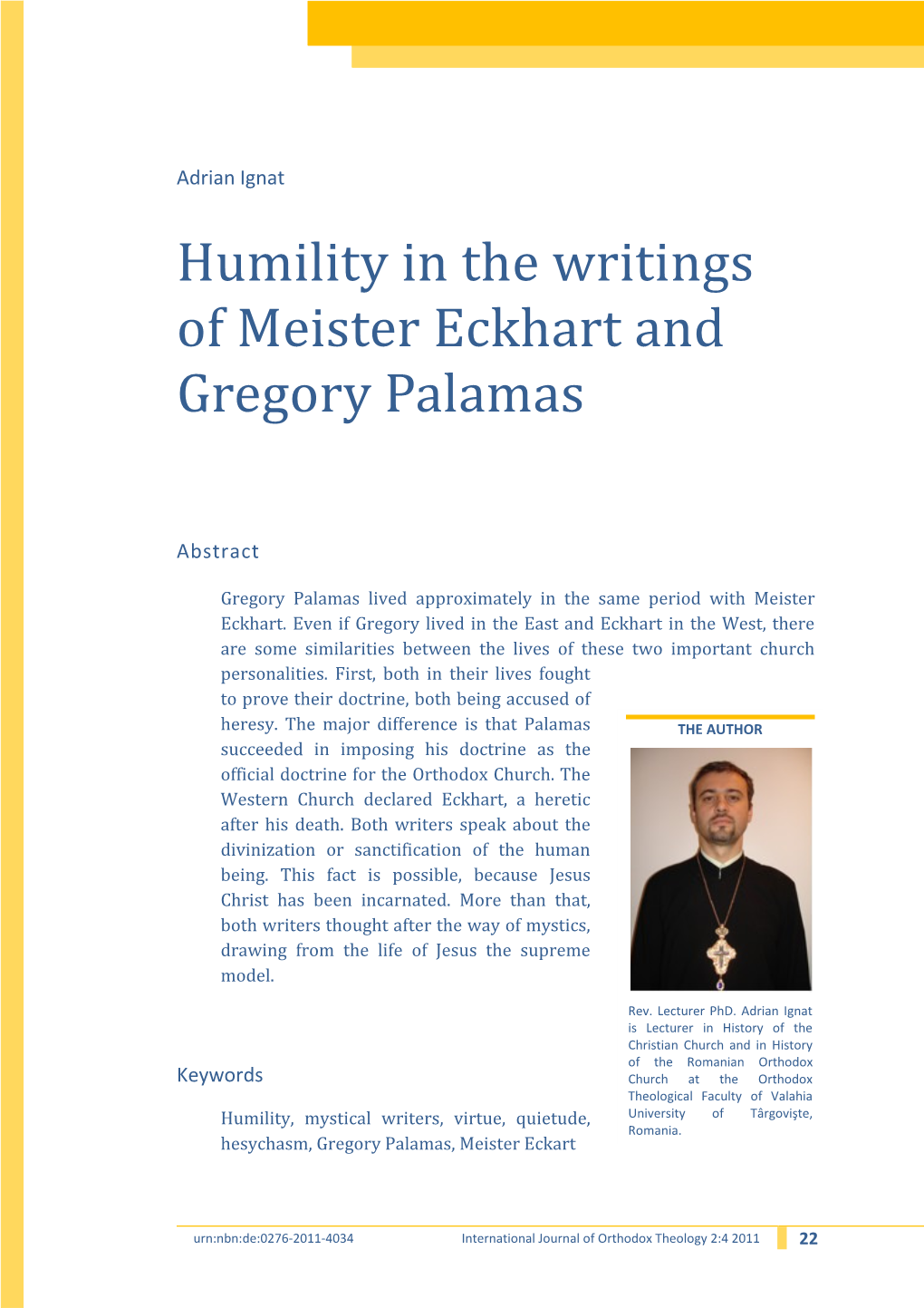 Humility in the Writings of Meister Eckhart and Gregory Palamas