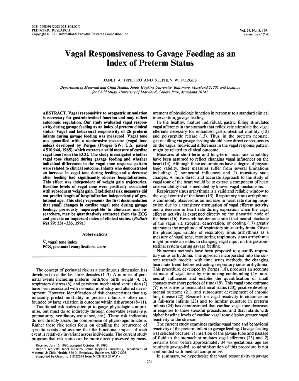 Vagal Responsiveness to Gavage Feeding As an Index of Preterm Status