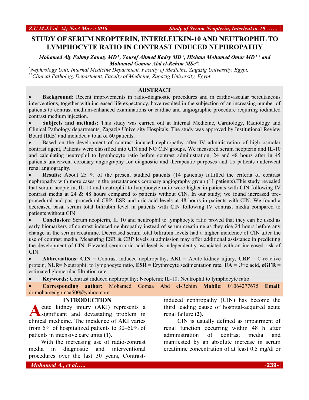 Study of Serum Neopterin, Interleukin-10 and Neutrophil to Lymphocyte Ratio in Contrast Induced Nephropathy