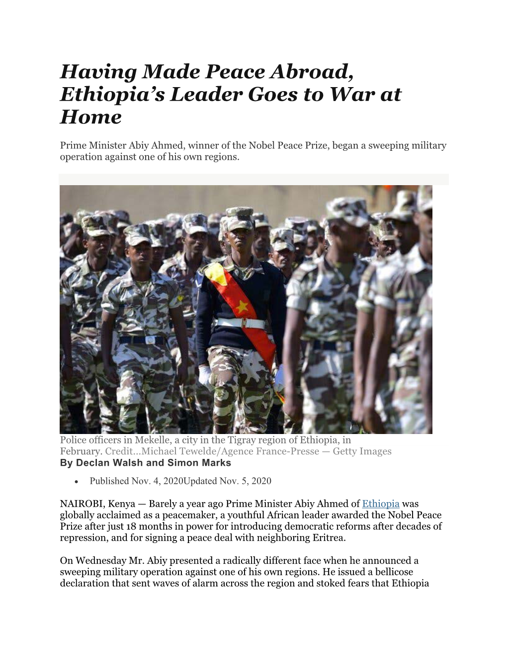 Having Made Peace Abroad, Ethiopia's Leader Goes to War at Home