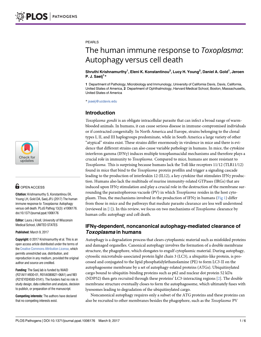 The Human Immune Response to Toxoplasma: Autophagy Versus Cell Death