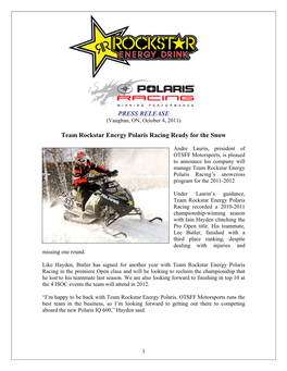 PRESS RELEASE Team Rockstar Energy Polaris Racing Ready For