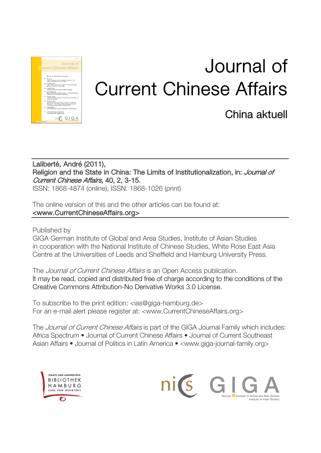 Religion and the State in China: the Limits of Institutionalization, In: Journal of Current Chinese Affairs, 40, 2, 3-15