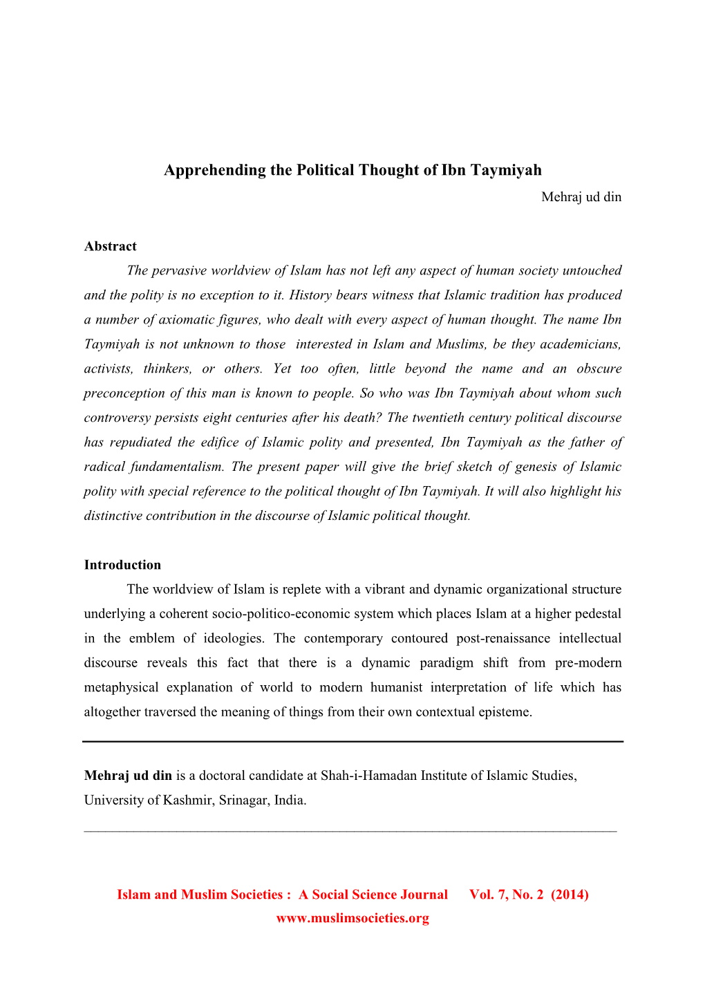 Apprehending the Political Thought of Ibn Taymiyah Mehraj Ud Din