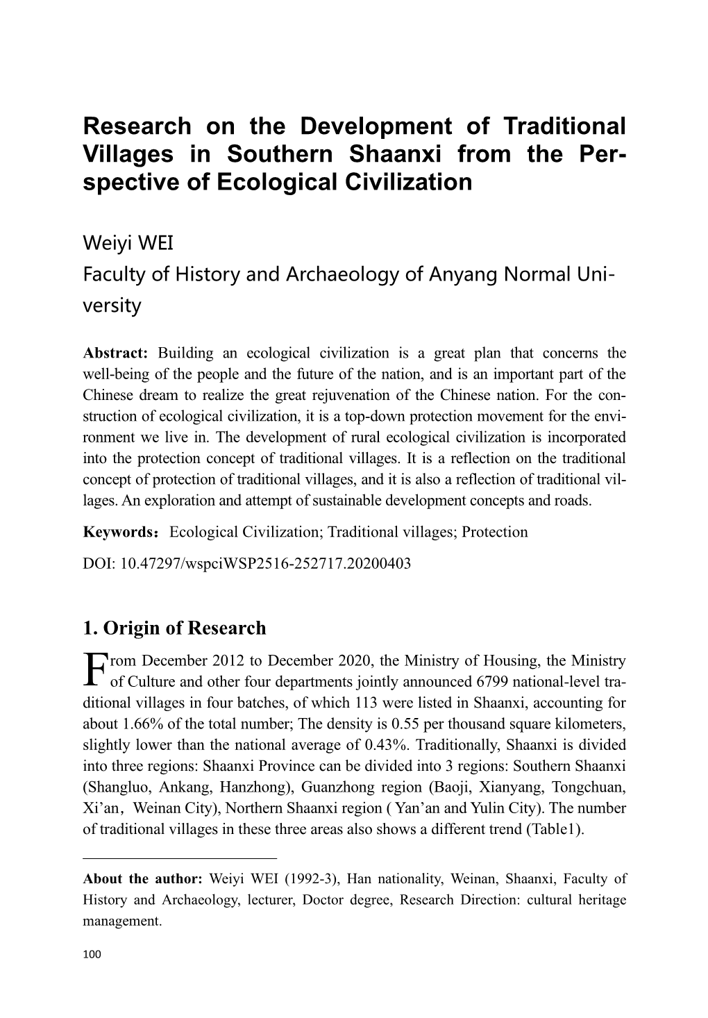 Research on the Development of Traditional Villages in Southern Shaanxi from the Per- Spective of Ecological Civilization