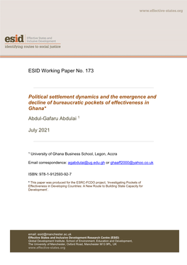 ESID Working Paper No. 173 Political Settlement Dynamics and The