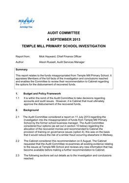 Audit Committee 4 September 2013 Temple Mill Primary School Investigation