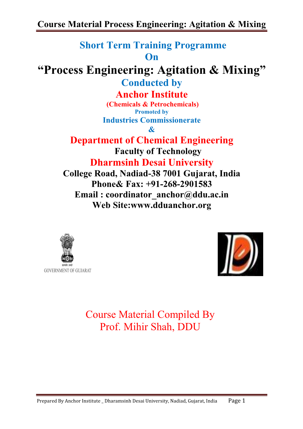 Course Material Process Engineering: Agitation & Mixing