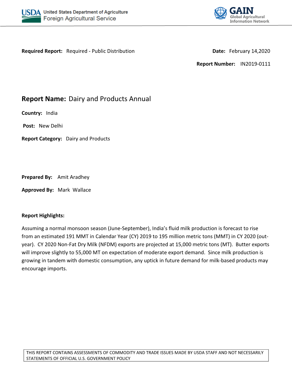 Report Name: Dairy and Products Annual