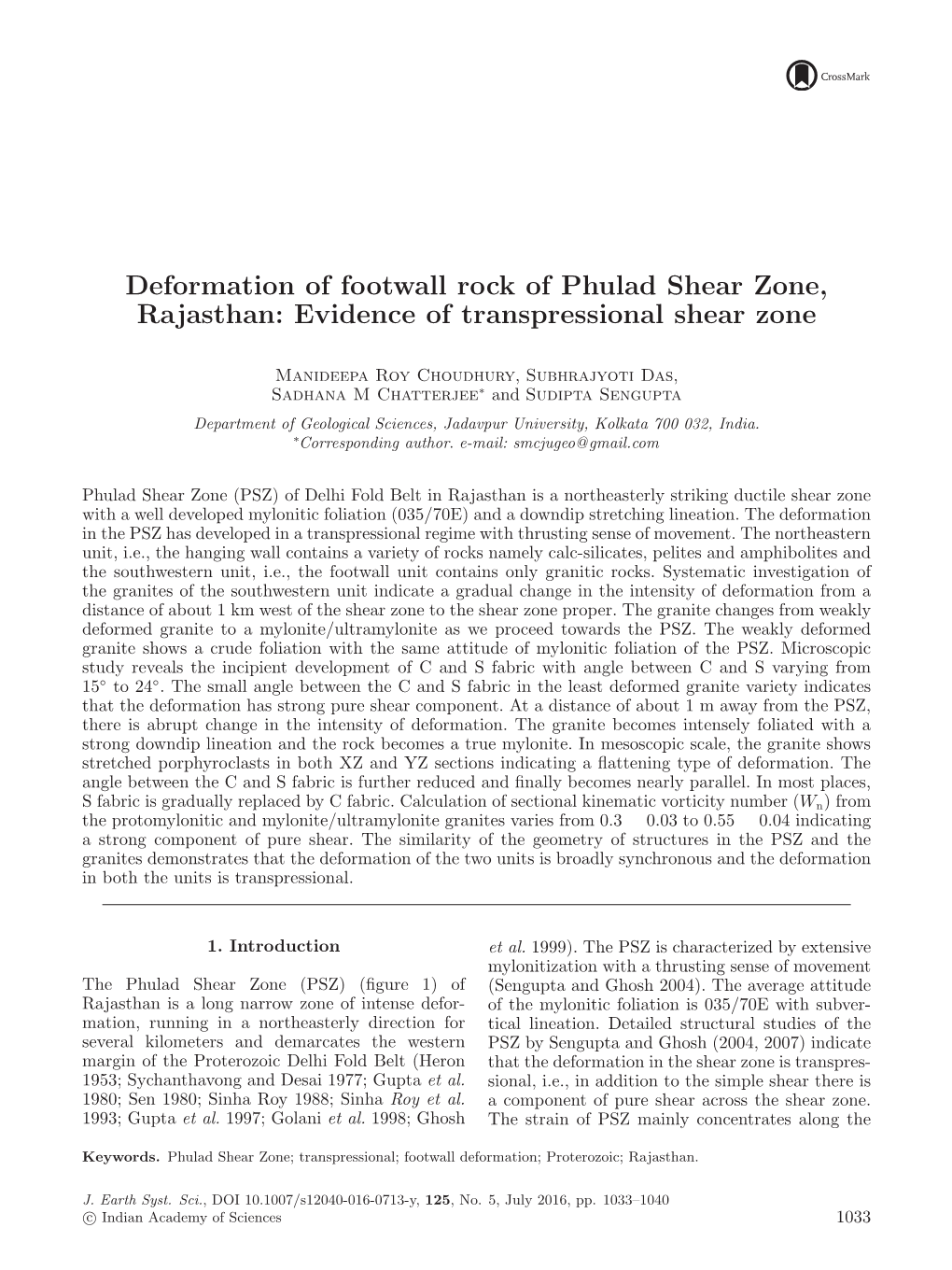 Deformation of Footwall Rock of Phulad Shear Zone, Rajasthan: Evidence of Transpressional Shear Zone