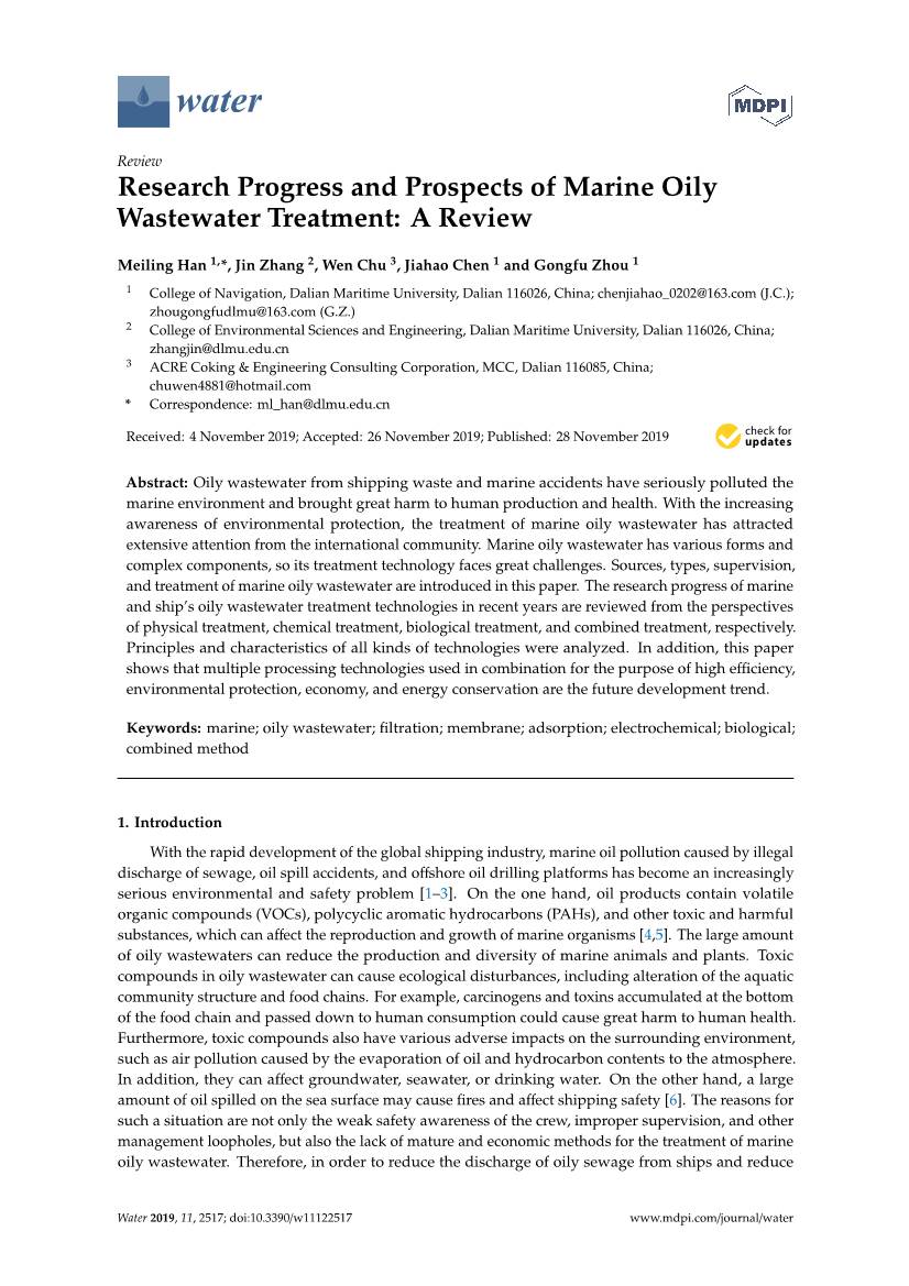 Research Progress and Prospects of Marine Oily Wastewater Treatment: a Review