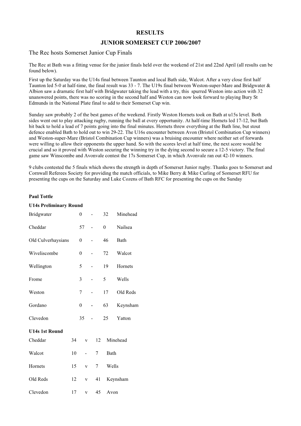 RESULTS JUNIOR SOMERSET CUP 2006/2007 the Rec Hosts Somerset Junior Cup Finals