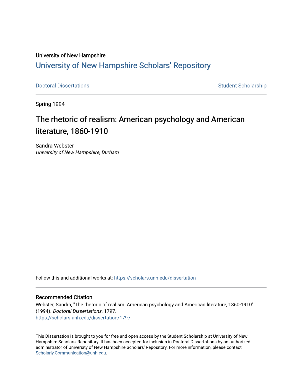 The Rhetoric of Realism: American Psychology and American Literature, 1860-1910