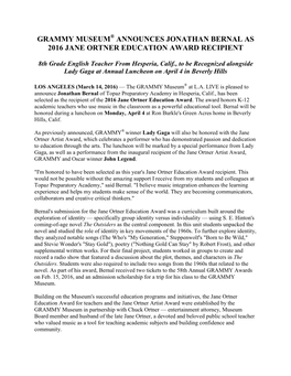 Grammy Museum Announces Jonathan Bernal As 2016