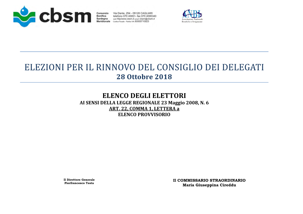 ELEZIONI PER IL RINNOVO DEL CONSIGLIO DEI DELEGATI 28 Ottobre 2018