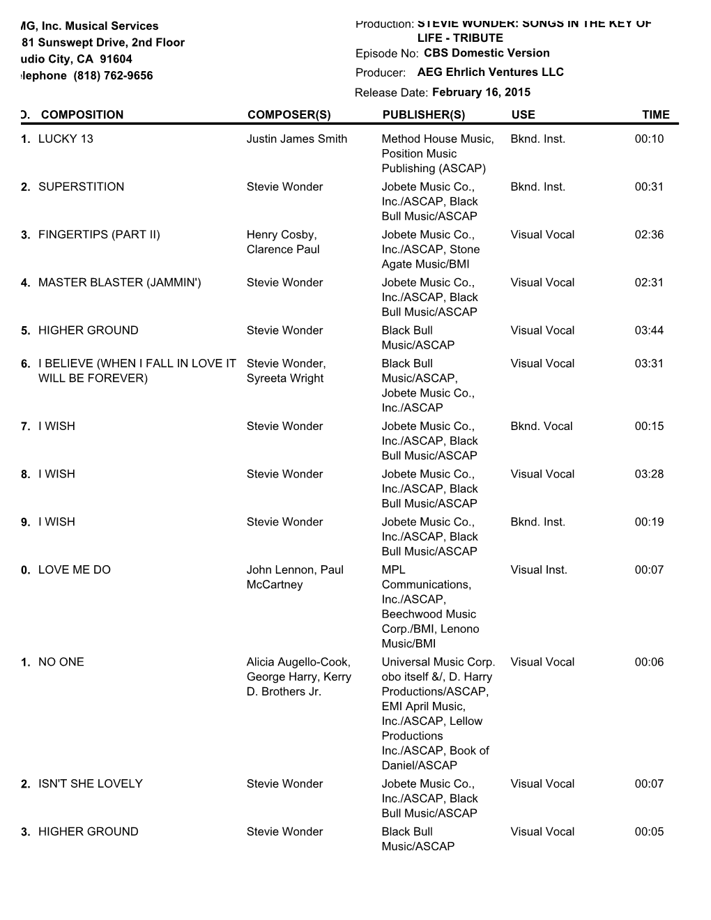 MUSIC CUE SHEET EMG, Inc