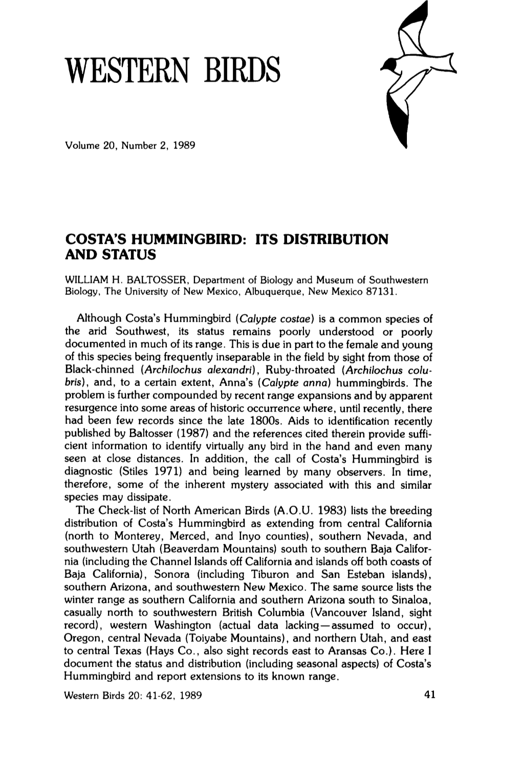 Costa's Hummingbird: Its Distribution and Status