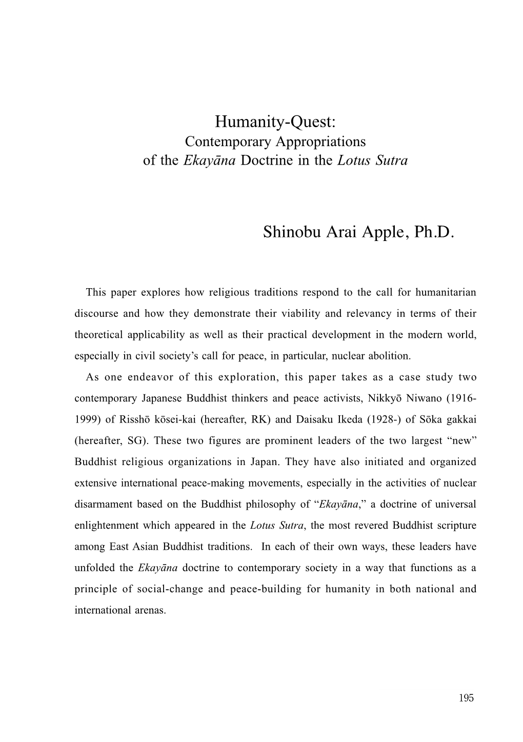 Humanity-Quest: Shinobu Arai Apple, Ph.D