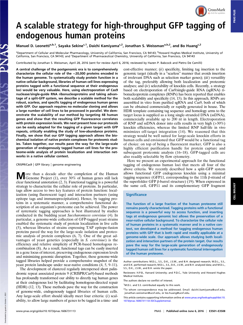 A Scalable Strategy for High-Throughput GFP Tagging of PNAS PLUS Endogenous Human Proteins