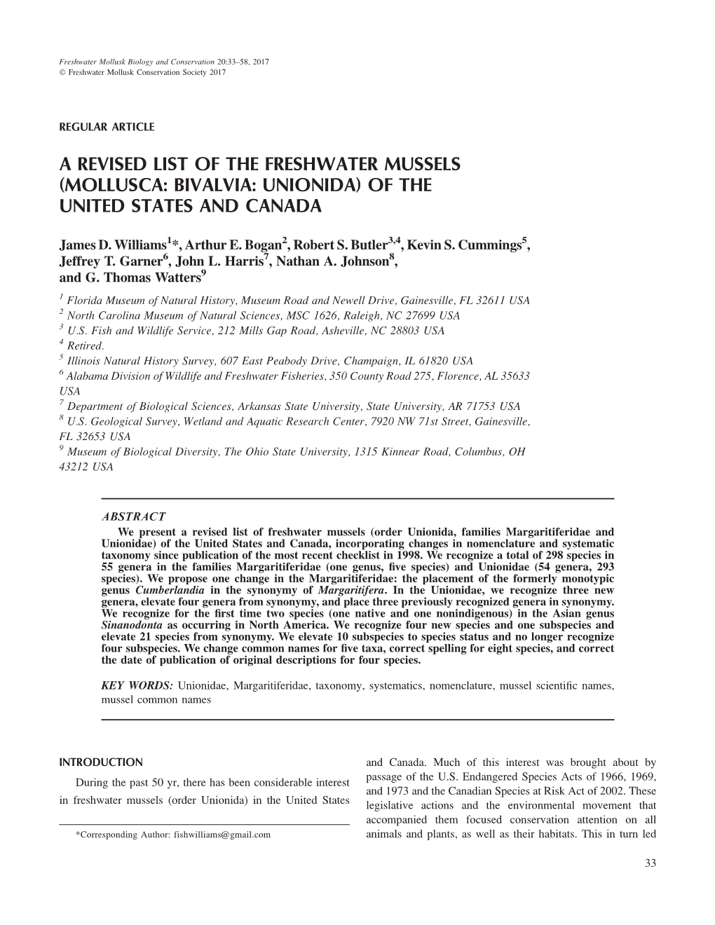 A Revised List of the Freshwater Mussels (Mollusca: Bivalvia: Unionida) of the United States and Canada