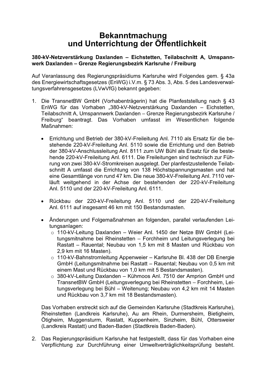 Bekanntmachung Und Unterrichtung Der Öffentlichkeit 380-Kv