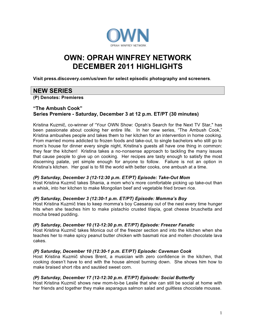 Oprah Winfrey Network December 2011 Highlights