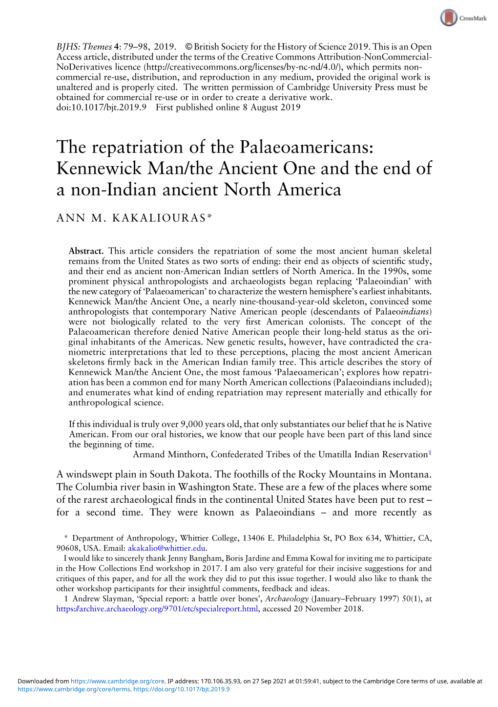 The Repatriation of the Palaeoamericans: Kennewick Man/The Ancient One and the End of a Non-Indian Ancient North America